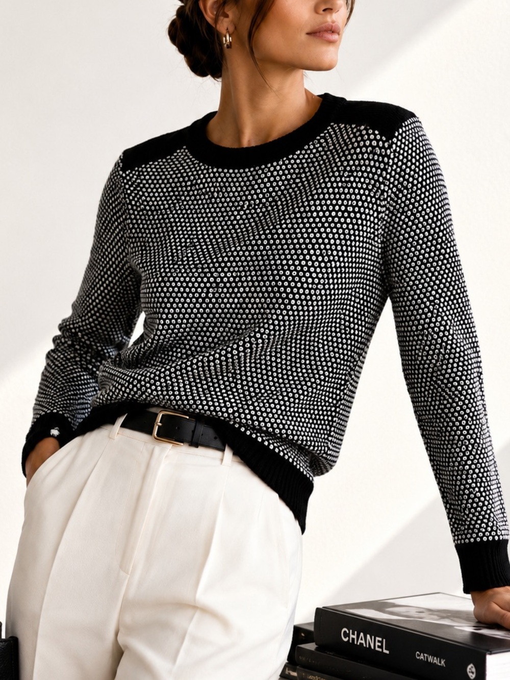 Banana Republic Wool Sweater Pullover | Textured Knit | Black & Ivory | Small